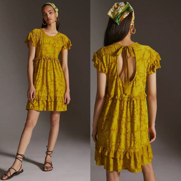 Anthropologie Dresses & Skirts - Anthropologie Ruffle Knit Mini Dress Chartreuse Bow Back Small Open Back Boho
